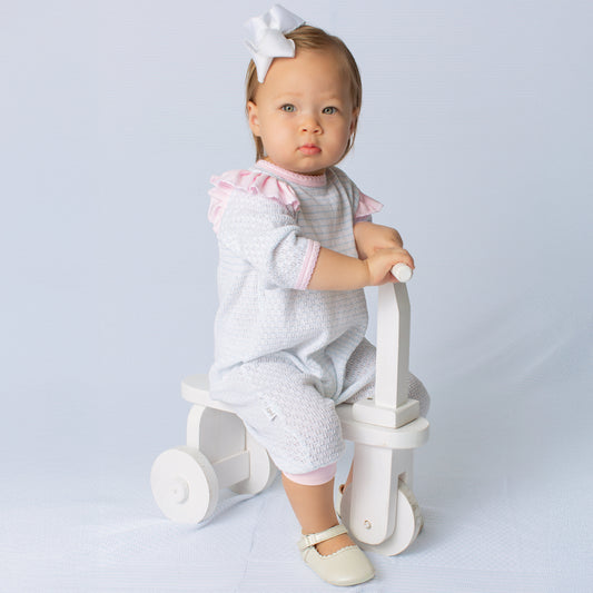 Paty Knit Long Sleeve Pinstripe Romper with Ruffle Shoulder Trim