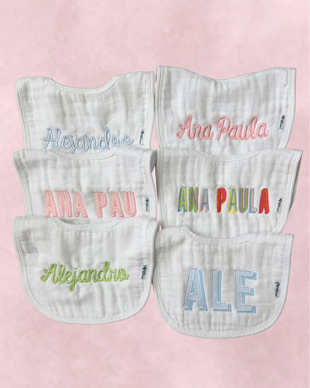 Personalized bibs embroidered with colorful names