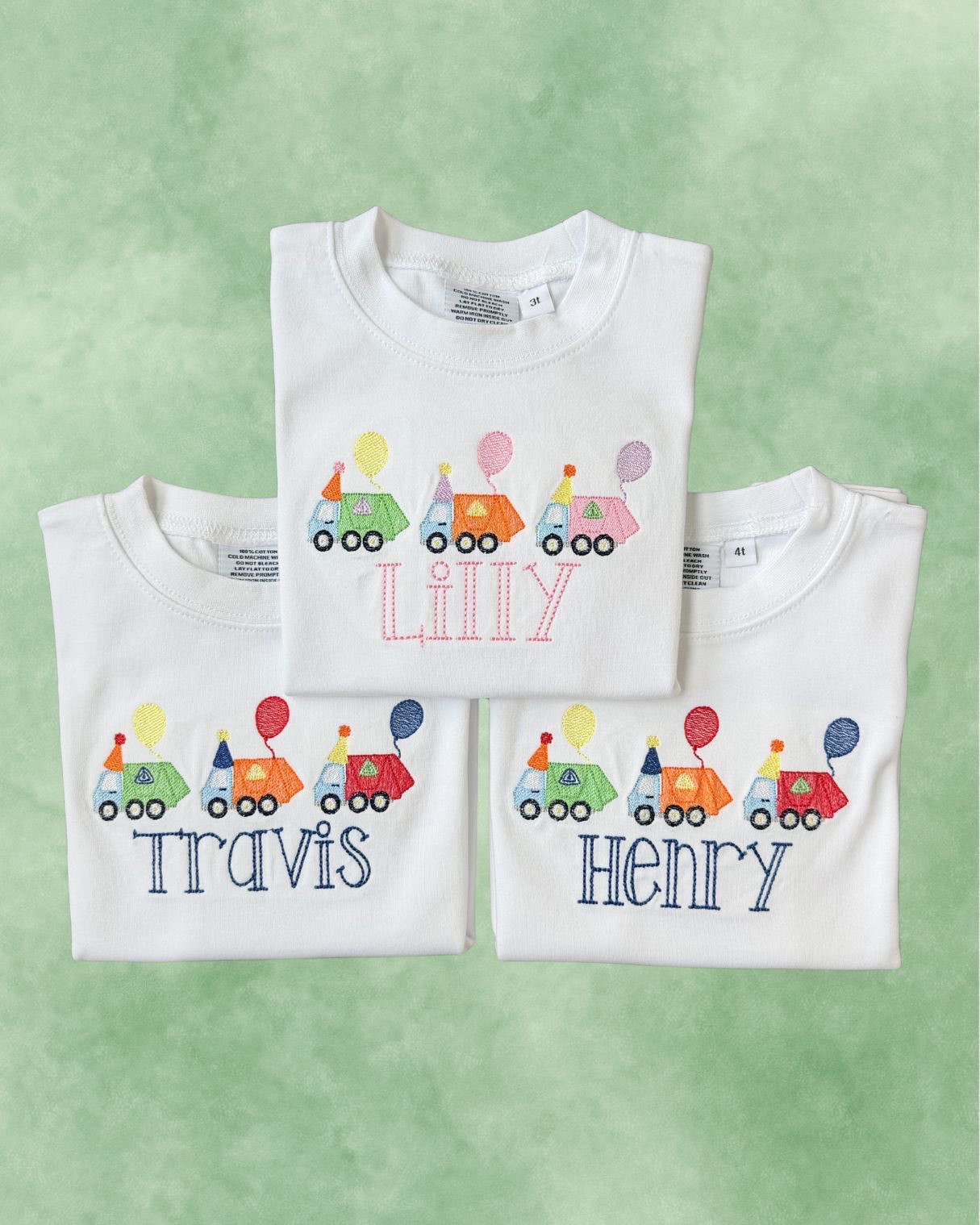 Personalized birthday white tees — embroidered garbage truck parade with balloons and names