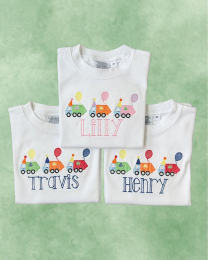 Personalized birthday white tees — embroidered garbage truck parade with balloons and names