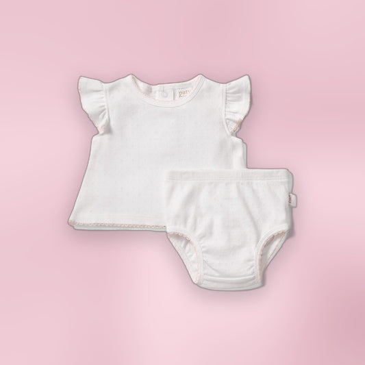 Paty Organic Cotton Pointelle Baby Girl Set with Flutter Sleeves & Bloomers