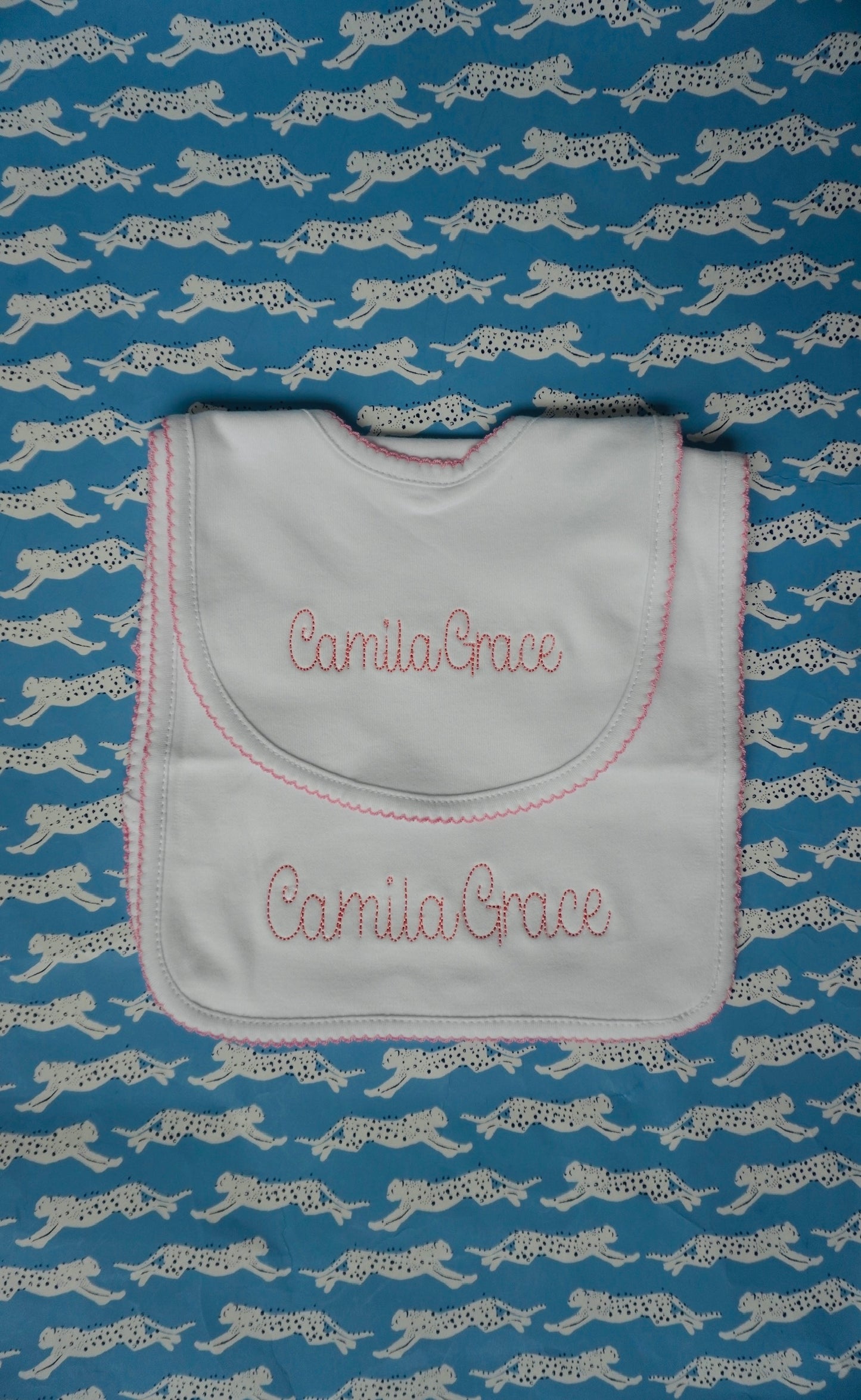 Picot Trim Bib and Burp Cloth Set - Custom Embroidery