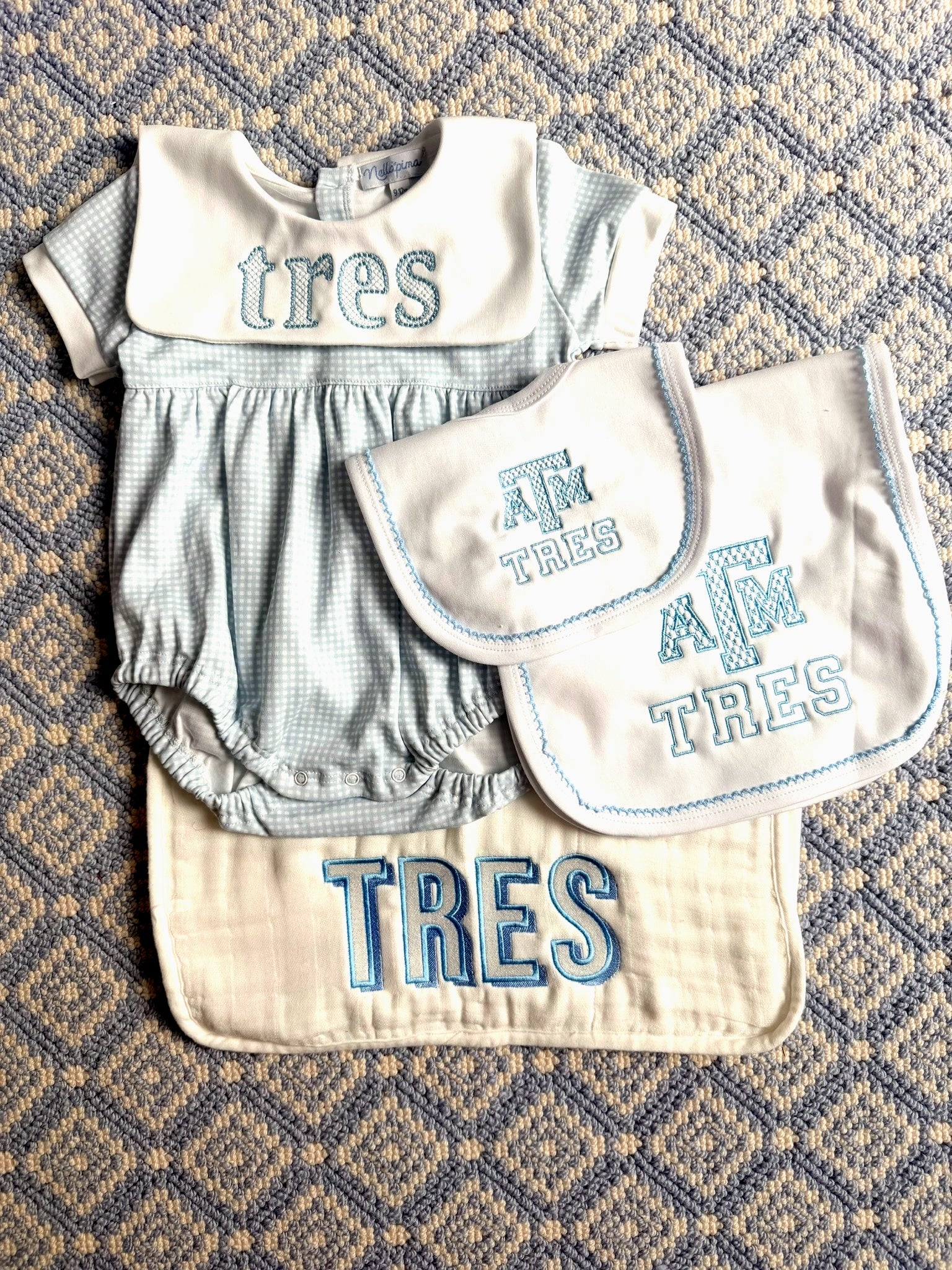 John Oliver Designs - A&M bundle: bubble + bib + burp, blue gingham + A&M logo