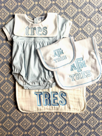 John Oliver Designs - A&M bundle: bubble + bib + burp, blue gingham + A&M logo