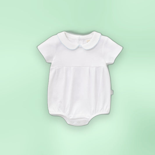 Paty Organic Cotton Baby Boy Onesie with Peter Pan Collar and Pleated Front